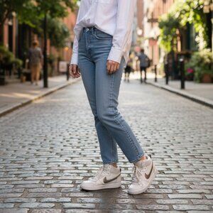 Nike Mid-Top Sneakers- White/Cream With Metallic Bronze Swoosh